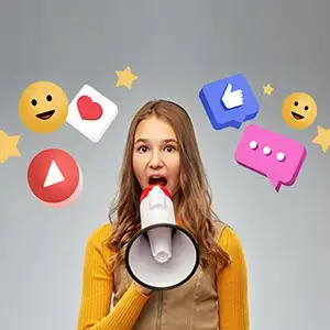 Woman speaking into a megaphone with social media icons floating around her head